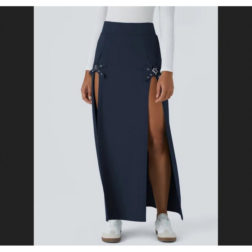 Halara NEW NWT Women XS Navy Blue High Waist Maxi Skirt Split Buckle Slits Flowy